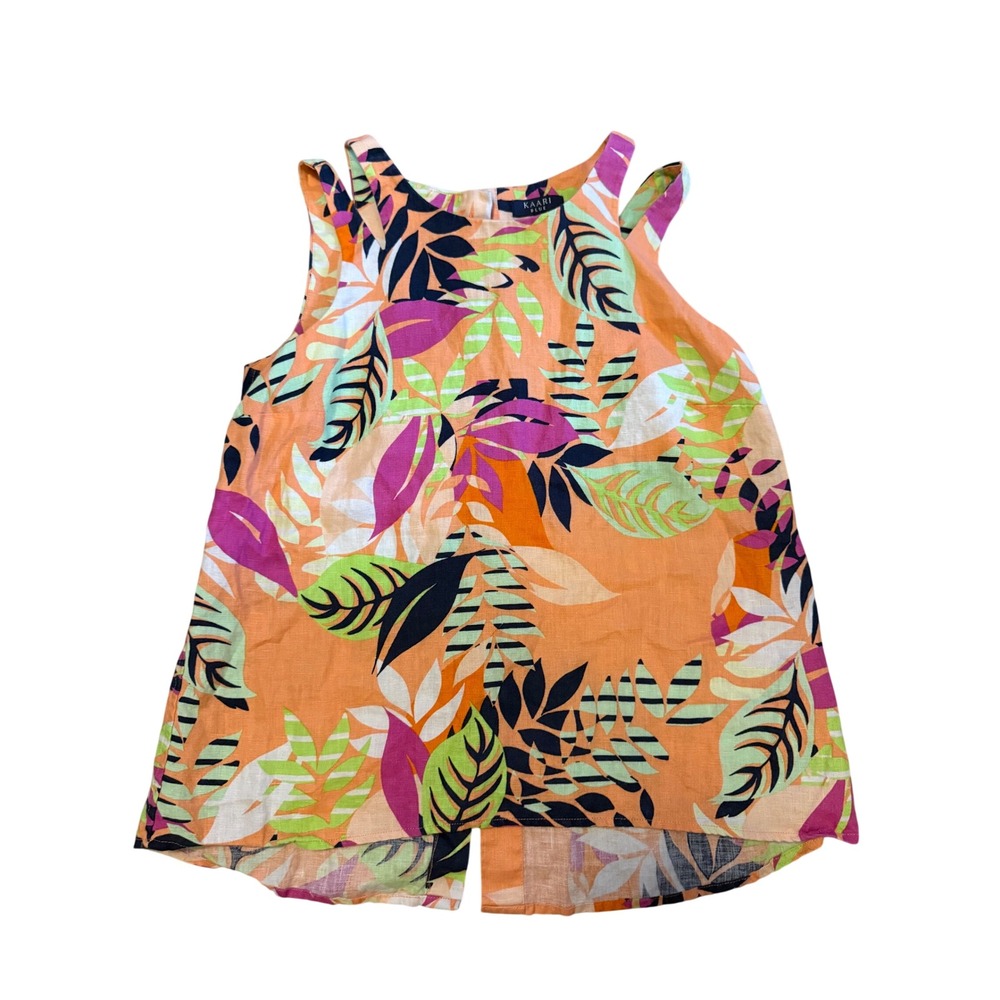 Kaari Blue Womens Linen Tropical Leaf Tank Top Orange Pink Button Back Small